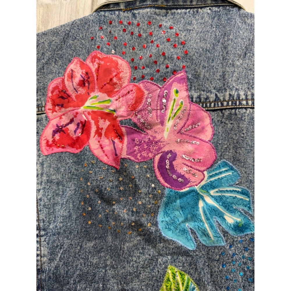 Mirasol Woman Acid Wash Denim Jacket Floral Embroidered Sequin LDMJ0006 Blue 2X - Picture 14 of 16
